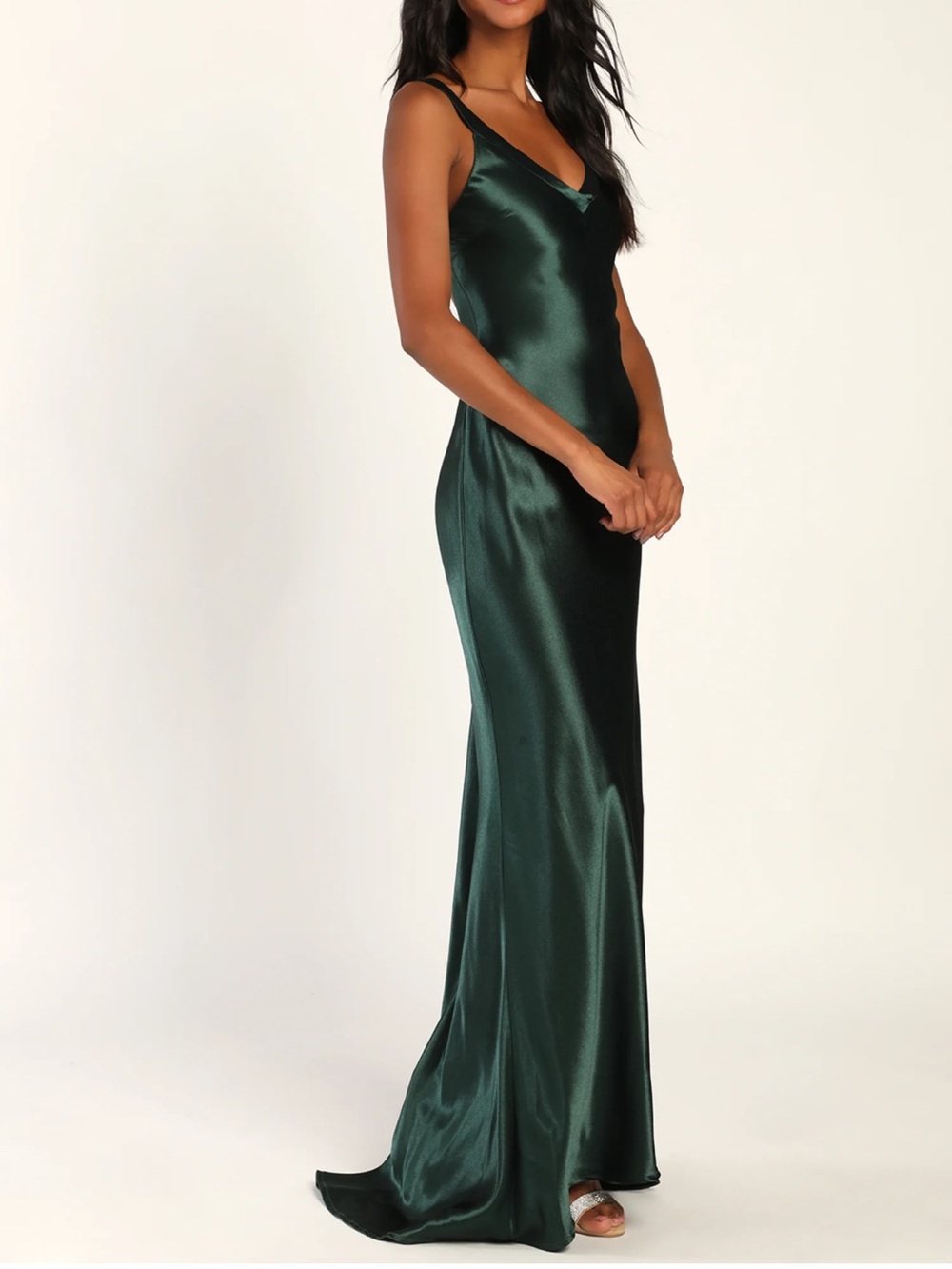 Lulu’s Perfectly Classy Emerald Green Satin Strappy Maxi Dress